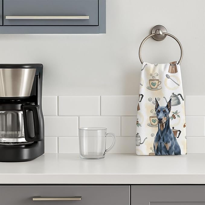 Caroline's Treasures Blue Doberman Pinscher Coffee Bar Kitchen Towel Velour Plush Front and Cotton Loop Back Machine Washable