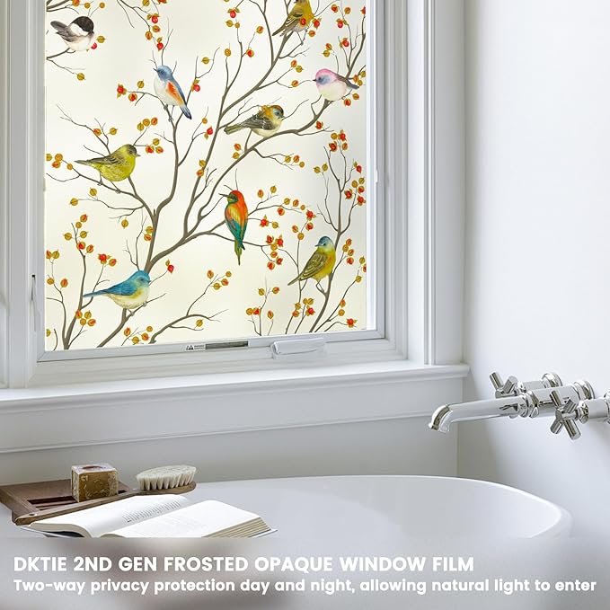 DKTIE Window Privacy Cling Film with Installation Tools, Stained Glass Opaque Non-Adhesive Frosted Bird Coverings Removable for Bathroom Shower Door Frosted (S3533, 29.5in X 118.1in)