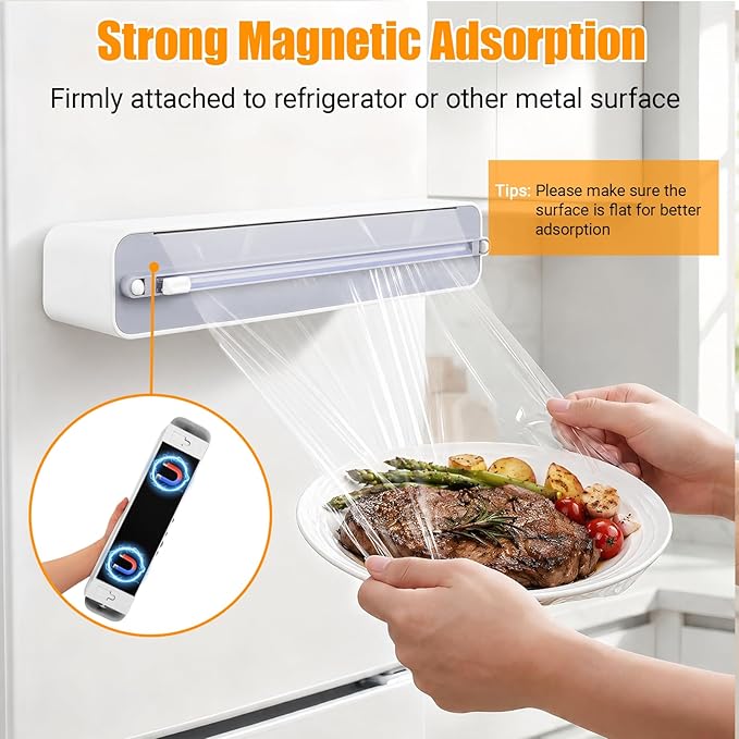 2 Pack Magnetic Plastic Wrap and Foil Dispenser with Cutter | Magnetic & Adhesive Mounting, Fits for Max 12.8In x 328Ft of Plastic Wrap, 12.8In x 164Ft of Foil & Parchment Paper