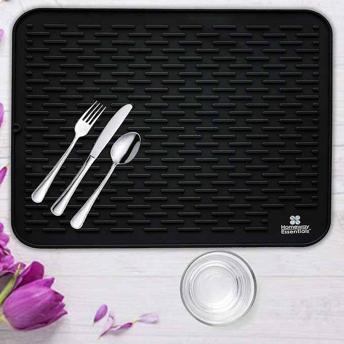 Silicone Dish Drying Mat - 17 x 15, Large Counter Top Draining Sink Mat, Trivet (LARGE, BLACK)