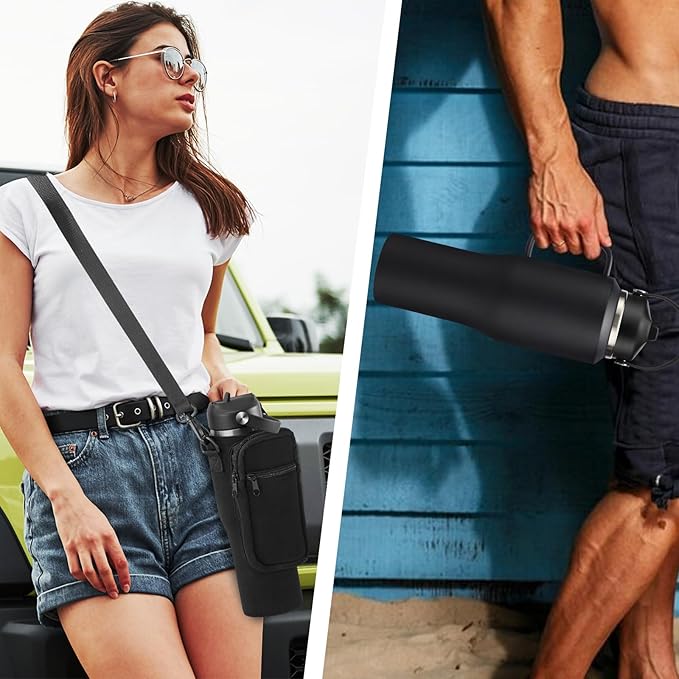 Stainless Steel Water Bottles 40oz - Insulated Water Bottle with Straw, Strap Carrier Bag & Protective Boot, Tumbler with Handle for Car, Office, Gym