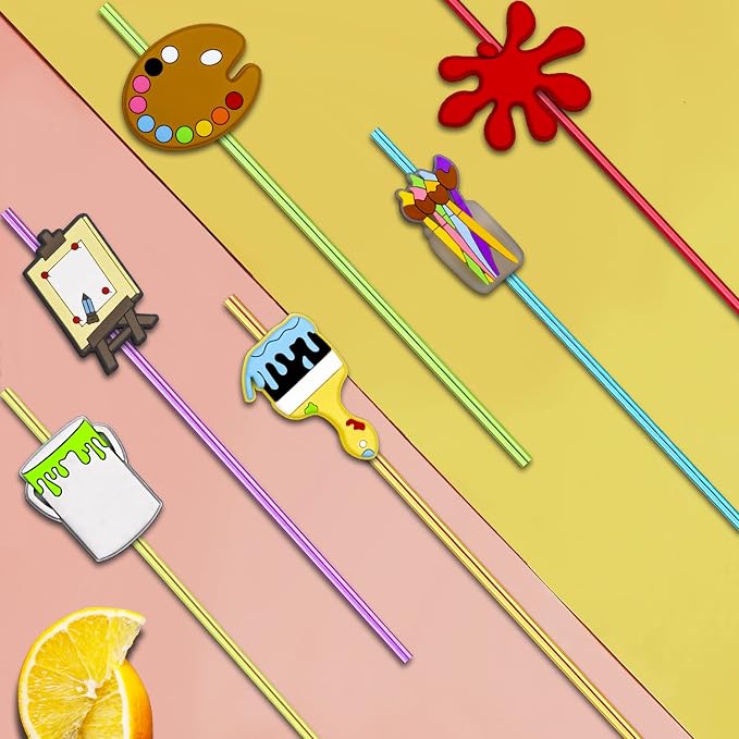24pcs Art Painting Character Cocktail Drink Straws and Brushes Pad Paint Birthday Party Supplies Decorations, Welcome Back to School Art Painting Party Favors with 2 Cleaning Brushes 6 Colors Straws