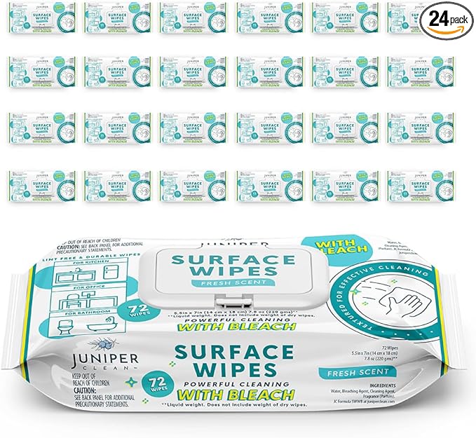 Juniper CLEAN 24 Pack Surface Cleaning Wipes with Bleach, All-Purpose Cleaner for Bathroom, Kitchen, Office, 1728 Count Soft Flow, Fresh Scent, Lint Free & Durable