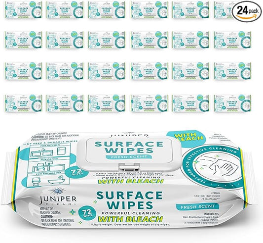 Juniper CLEAN 24 Pack Surface Cleaning Wipes with Bleach, All-Purpose Cleaner for Bathroom, Kitchen, Office, 1728 Count Soft Flow, Fresh Scent, Lint Free & Durable