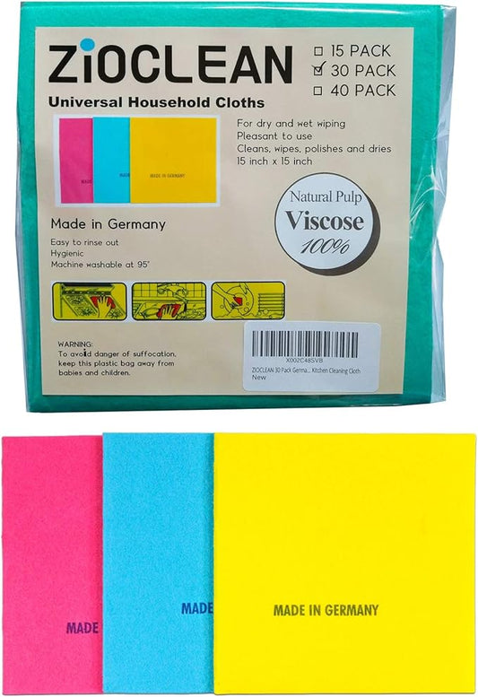 30 Packs German Universal Household Color Dish Cloths 15 inch x 15 inch Wide Size Machine Washable Super Absorbent, Drying Eco-Friendly Cloth