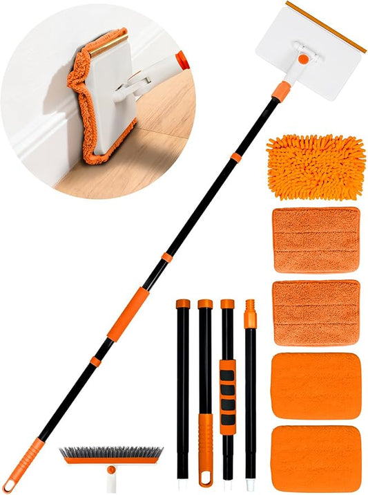4-in-1 Baseboard Cleaning Tool with Extendable Handle 5 Reusable Pads 1 Carpet Rake Stiff Bristle Brush Multi-Surface Baseboard Brush for Cleaning Baseboard Wall Carpet Floor Bathroom Kitchen Pet Hair