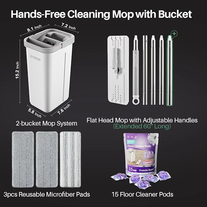 JOYMOOP Mop and Bucket Set with Freesia Scent Floor Cleaner Pods, Commercial and Household Flat Mop System with 3 Reusable Microfiber Pads and 15 Mop Soap Pods for Efficient Floor Cleaning