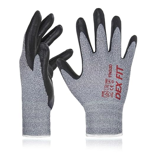 DEX FIT Nitrile Work Gloves FN330, 1 Pair, 3D-Comfort Stretchy Fit, Firm Grip, Thin & Lightweight, Touch-Screen Compatible, Durable, Breathable & Cool, Machine Washable; Grey S (7)