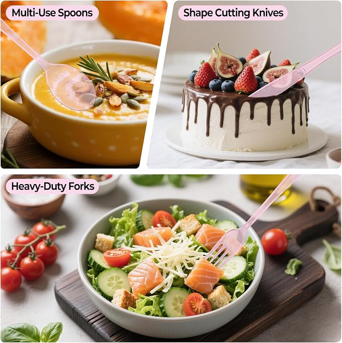 150 PCS Plastic Silverware Disposable Silverware Heavy Duty Utensil Sets 50 Of Each Forks Knives & Spoons Disposable Cutlery Set For Easter,Birthday,Baby Shower,Garden Party,Wedding(150,Pink)