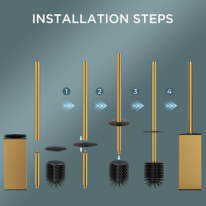 FORIOUS Toilet Brush and Holder Set, SUS304 Stainless Steel Square Base, Extended Long Handle, Drip-Proof & Space Saving, 2 Replaceable Brush Heads, Plastic & Silicone Dual Brush Head, Drak Gold