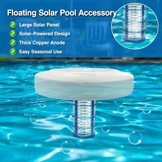 Solar Pool Water Care System for Above Ground & Inground Pools Up to 45,000 Gallons – Floating Solar-Powered Pool Maintenance Device with Copper Anode & Oversized Solar Panel