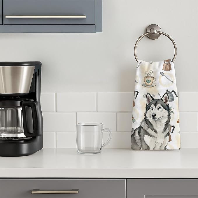 Caroline's Treasures Gray and White Alaskan Malamute Coffee Bar Kitchen Towel Velour Plush Front and Cotton Loop Back Machine Washable