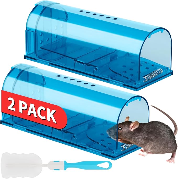 LULUCATCH Humane Mouse Traps 2 Pack | Live No Touch Catch and Release No Kill Rodent Traps | Reusable with Cleaning Brush | Pet Safe Indoor Outdoor for Mice, Rats, Chipmunks, Voles, Blue