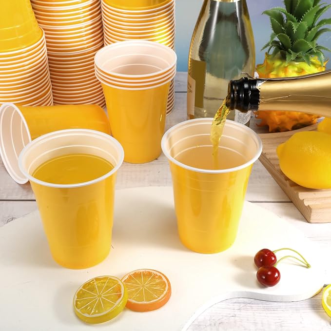 Lounsweer 100 Pcs 16 oz Disposable Party Cups Plastic Heavy Duty Drinking Water Cups for Birthday Baby Shower Wedding BBQ Picnic Party Supplies(Yellow)