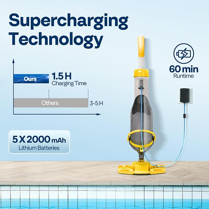 VIVOHOME Cordless Pool Vacuum with Telescopic & Extension Poles 9.12ft, 18.5 GPM Suction, 60-Min Run Time, Handheld Cleaner Rechargeable with Battery Indicator for Pools/Spas/Hot Tubs - Yellow