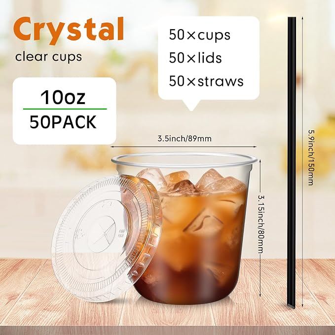 Ziliny 50 Set Clear Plastic Cups with Lids and Straws, Disposable Iced Coffee PET Cups for Drinking Cold Beverage Juice Parfait Smoothie Milkshake Coffee Shops Party Supplies (10 oz)