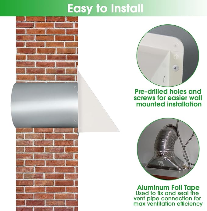 5 Inch Hooded Wall Vent with Screen and Damper,5'' Wall Vent Cover Exhaust Vent Cover Cap,Exterior Dryer Vent Cover Hood for Outdoor Kitchen Range Hood/Dryer/Bathroom Exhaust-Galvanized Steel,White