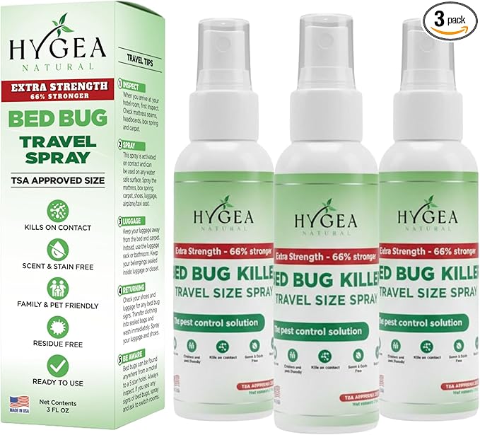 Hygea Natural Extra Strength Bed Bug Killer & Mite Travel Spray - TSA Approved 3 oz Size - Child & Pet Friendly - Stain & Odor Free - for Hotel, Suitcase, Backpack - 66% Stronger Formula (3 pack)