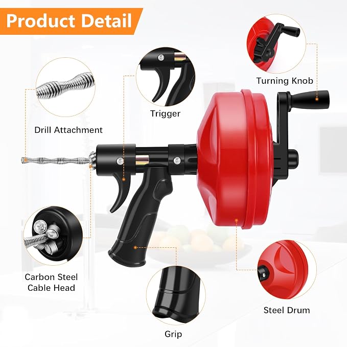 25 FT Double Mode Drain Snake Tools, 14-in-1 Drain Auger【Upgraded】 | for Sink and Drain Unblocking, Plumbing Snake for Kitchen, Bathrom and Shower Sink, Drain Clog Remover for Real DYIs