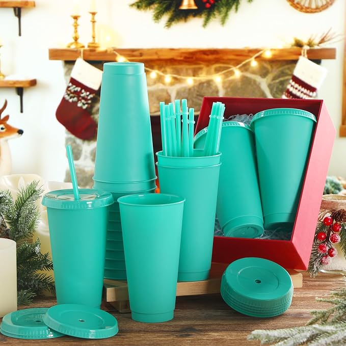 Honeydak 60 Pack Tumbler with Straw and Lid Bulk Cups for Gifts Water Bottle Iced Coffee Travel Mug Cup Reusable Plastic Tumblers for Party Birthdays 24-27 oz (Green Color)