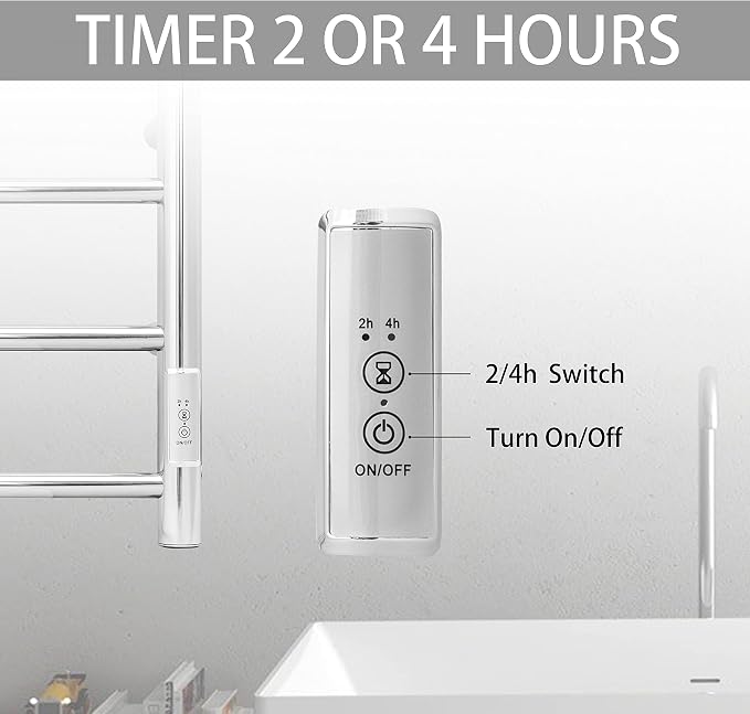 KEG Towel Warmer Wall Mounted with Built-in Timer 4 Bars Electric Stainless Steel Heated Towel Racks for Bathroom, Hot Plug-in Bath Towel Heater Polish Chrome