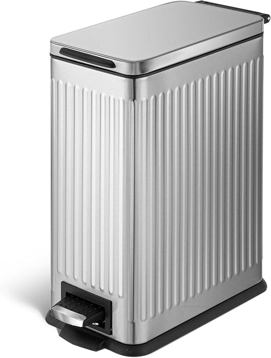 Home Zone Living 3 Gallon Small Trash Can with a Lid and Step Pedal, Stainless Steel with Slim Ribbed Design for Home and Office, Silver, 10 Liters