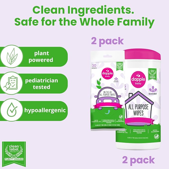 Dapple Baby All Purpose Cleaning Wipes - (2 Pack) 75 Count Canisters + (2 Pack) 30 Count Pouches - Plant-Powered & Hypoallergenic - Lavender Scent - Baby Essentials