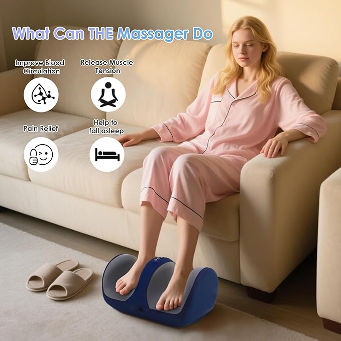 Foot Massager with Heat, Electric Foot and Calf Massager with Roller, Deep Tissue Massage for Plantar Fasciitis, Neuropathy & Pain Relief, Gifts for Women & Men(Blue)