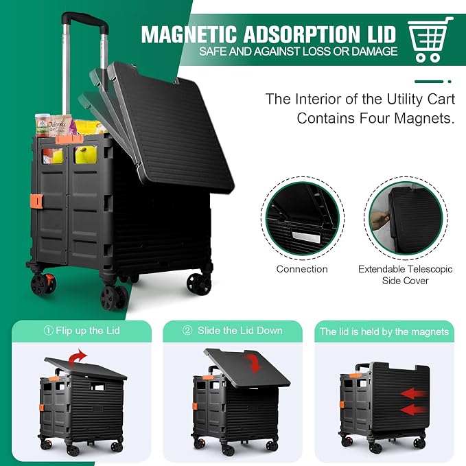 FELICON SELORSS Folding Utility Cart Portable Rolling Crate Handcart with Magnetic Sliding Lid Telescoping Handle Plastic Box Dolly 360°Swivel Wheels for Travel Shop Move Office Teacher(Black Pro)
