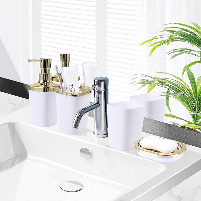 XLHOMO 9Pcs Bathroom Accessories - White Bathroom Accessories Set with Trash Can, Soap Dispenser, Soap Dish, Toothbrush Holder, Toothbrush Cup, Toilet Brush Holder, Qtip Holders and Tray for Home