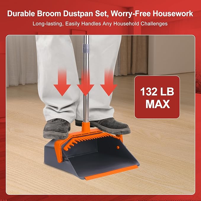 Tiumso Broom and Dustpan Set with 51'' Long Handle, Upright Broom and Dustpan Combo for Home Kitchen Office Restaurant Garage Lobby Dog Cat Pets Hair - Grey and Orange