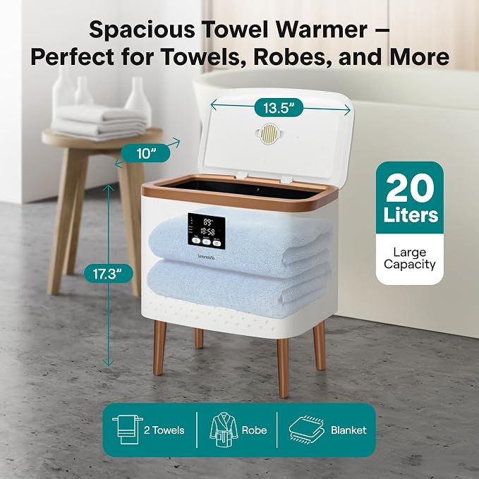 SereneLife Towel Warmer Bucket | Large Blanket Warmer with 20L Stainless Steel Tub & Single Touch Control for Home, Hotel & Spa Use | Adjustable Temp 90 to 140°F | Fits 2 Bath Towels or Robes | Gold