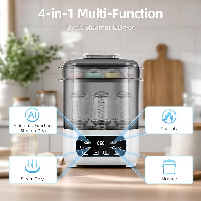 AMZBABYCHEF Baby Bottle Steamer and Dryer, Electric Steamer and Dryer for Baby Bottles, 4-in-1 Bottle Steamer and Dryer, Universal Fit for All Bottles, LED Touch Screen, Auto Shut-Off