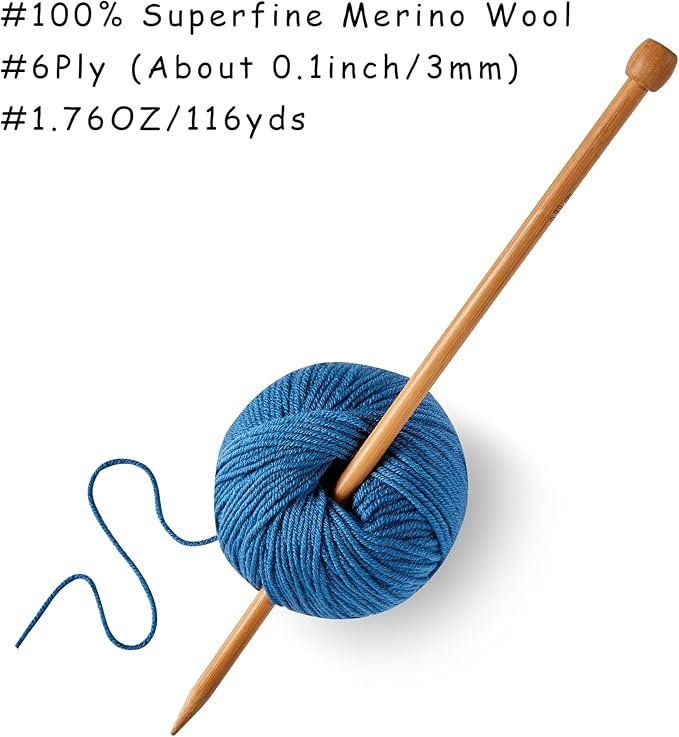 100% Merino Wool Yarn, 6-Ply Luxurious and Soft Yarn for Hand Knitting & Crocheting, 1.76 OZ/50g, 127 yds/116 Meters(Jazz Blue, 1 Ball)