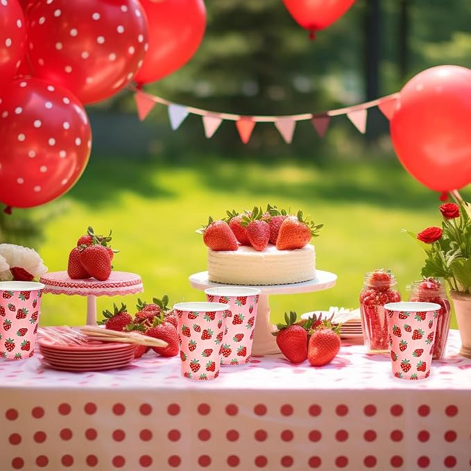 50 Sets Strawberry Paper Cups with Paper Straws Plastic Lids 12OZ Summer Fruits Disposable Coffee Tea Cups for Girls Fruit Birthday Party Juice Drink Beverage Bar Supplies