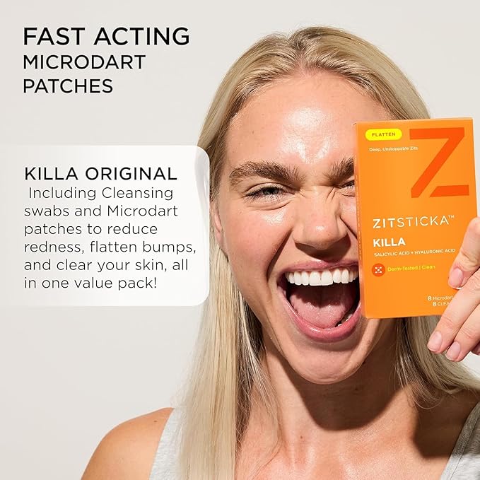 ZitSticka Killa Microdart Pimple Patches for Face - Most Potent Pimple Patch with Fast-Acting Microdarts - For Deep, Early-Stage Zits with Salicylic Acid - Regular 8 Count with Cleaning Swab