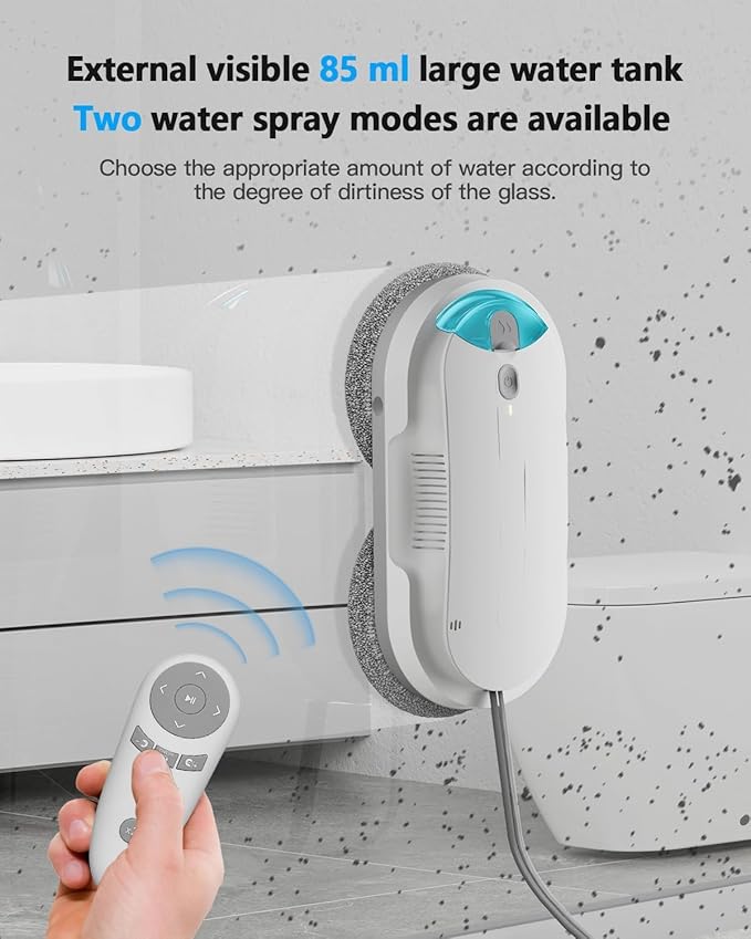 Window Cleaning Robot - 2400-3200Pa Suction, Dual Ultrasonic Spray, 85ml Tank, Edge Detection, Anti-Drop, 3 Cleaning Modes for Streak-Free Glas (White)