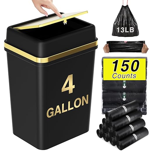 Bathroom Trash Can with Lid 4 Gallon Black Trash Can with Press Top Lid Bedroom Trash Can Small Garbage Can with 150 Counts Trash Bags for Small Bathroom Bedroom Office