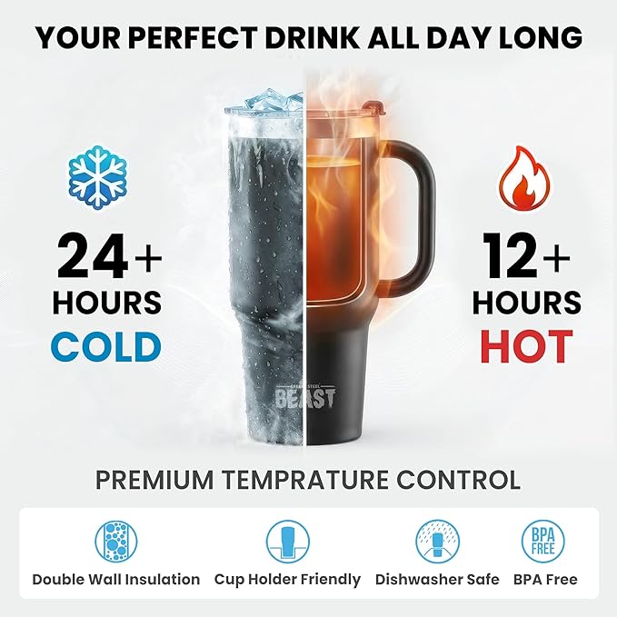 Beast 42 oz Tumbler with Handle Stainless Steel Vacuum Insulated Coffee Ice Cup Double Wall Travel Flask (Matte Black)