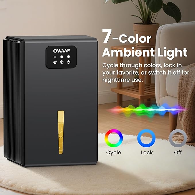 Dehumidifier, 1000 sq.ft Quiet Dehumidifiers for Home Bedroom Basement Bathroom with 95oz Water Tank, Auto Shut-Off, Sleep Mode 7 Colors LED Light, Grey