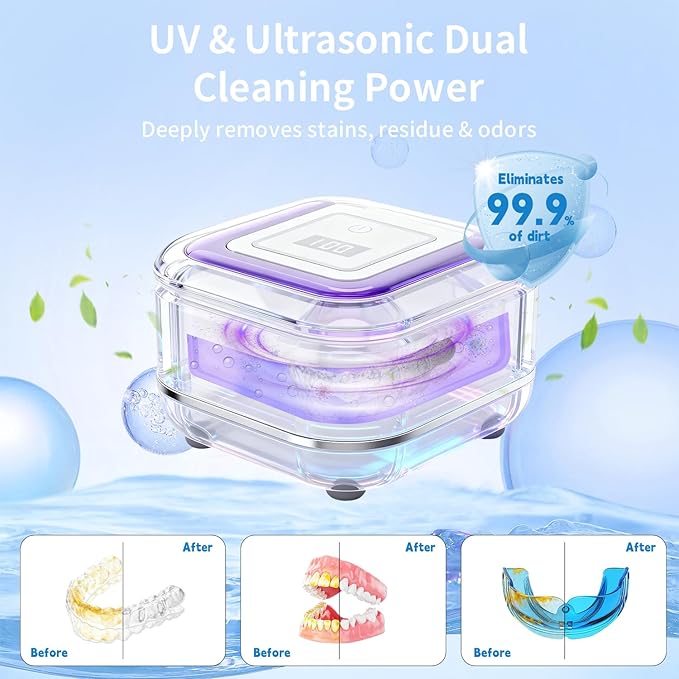 Ultrasonic Retainer Cleaner for Aligners, Mouth Guards & Dentures, 42kHz Compact Ultrasonic Denture Cleaner with Digital Timer, Portable Dental Cleaner for Home & Travel (White)