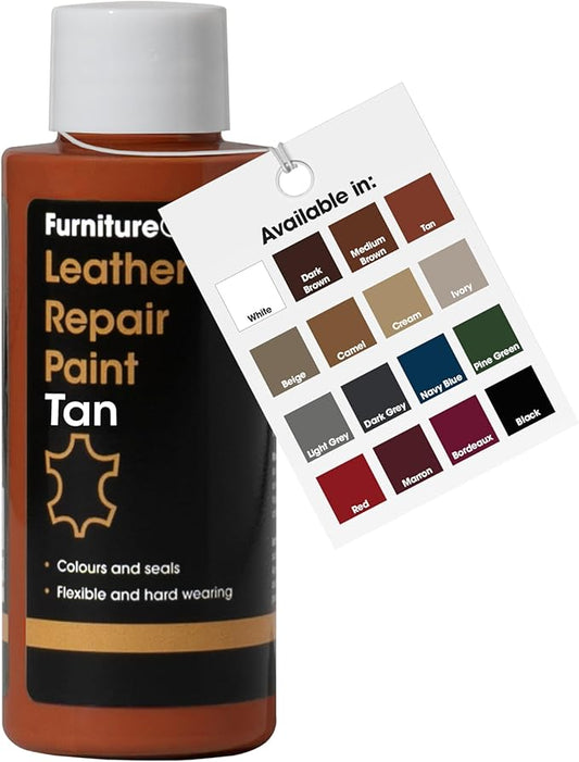 Furniture Clinic Leather Repair Paint | 2-in-1 Seal and Color | Use on Scratches, Tears, and Holes in Car Seats, Furniture | Quick and Easy Leather Repair Kit for Furniture (Tan, 50ml / 1.7oz)
