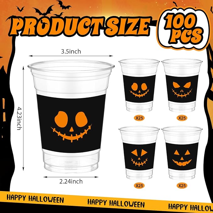Bokon 100 Pcs Pumpkin Halloween 12 oz Plastic Cups Disposable Cocktail Glasses Happy Halloween Cute Disposable Cups for Coffee Juice Hot Cold Drinks Party Supplies(Black, Pumpkin)