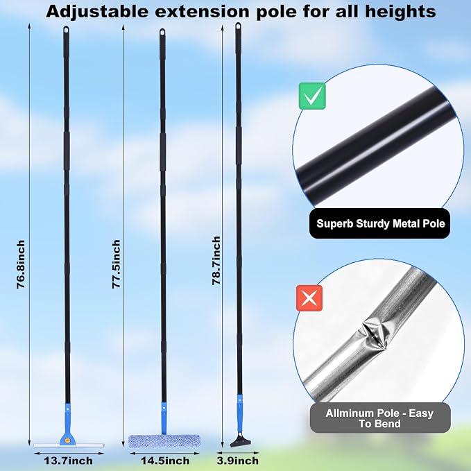 Home Cleaning Bundle: 2-Pack Heavy Duty Collapsible Broom for Pet Hair Indoor Outdoor Floors, 77.5" Professional Window Squeegee Kit with Extension Pole, 3-in-1 Scrubber for Glass Car Shower