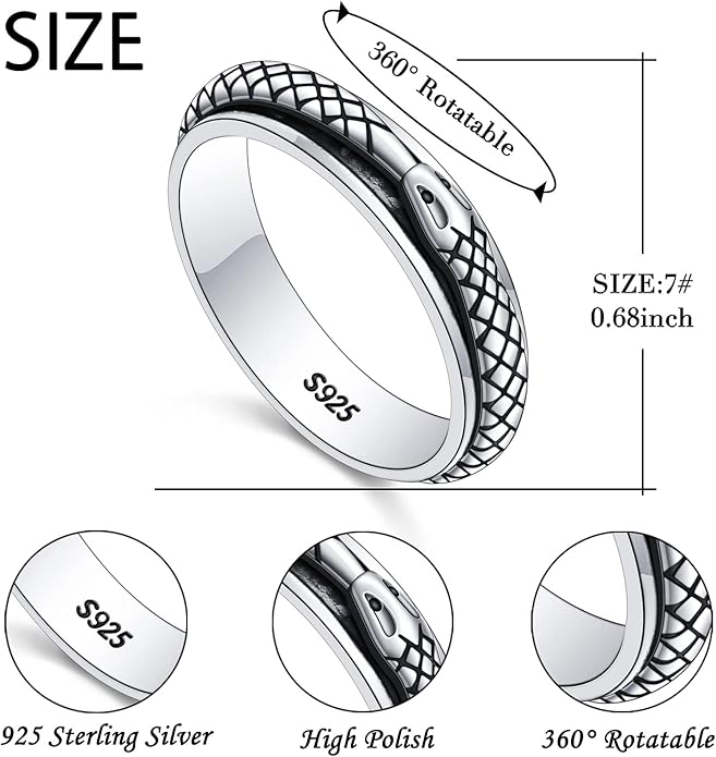 S925 Sterling Silver Spinner Fidget Anxiety Worry Relieving Boredom ADHD Autism Band Rings