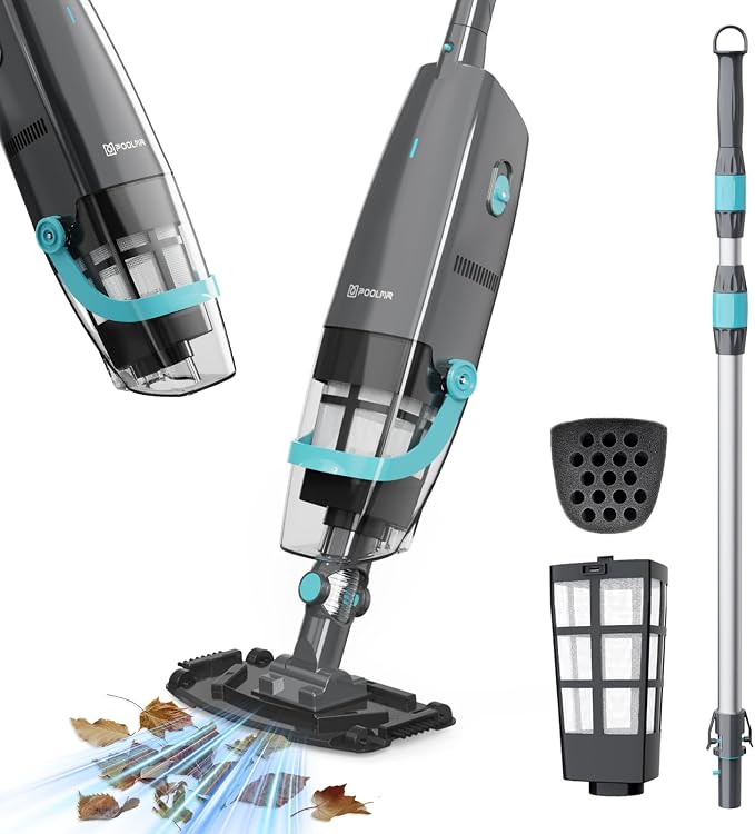 PoolMr Cordless Pool Vacuum for Above Ground Pools & Inground Pools, 18.5 GPM Suction, 60min Runtime – Handheld Pool Vacuum with Telescopic Pole, for Spas & Hot Tubs, Solid Black