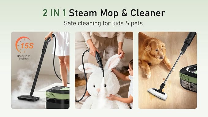 Steam Mop Cleaner, 2500W Handheld Steamer with 37 Attachments for Tile, Grout, Floors, Cars - 1.6L Detachable Tank, 15s Fast Heat-Up, 221°F High-Temp Chemical-Free Deep Cleaning
