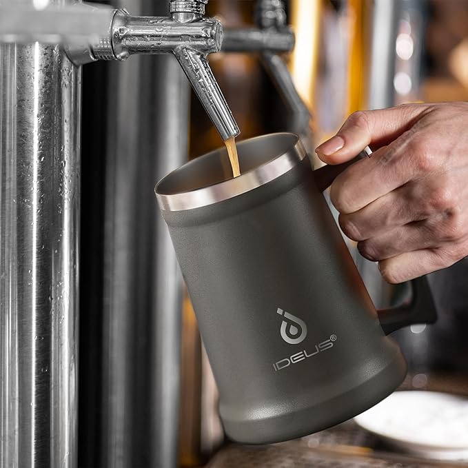 Ideus Insulated Beer Stein, 24/32oz Stainless Steel Double Walled Beer Mug Giant Bar Drinkware Metal Beer Cup with Big Grip Handle (Grey, 24 ounces (710ml))