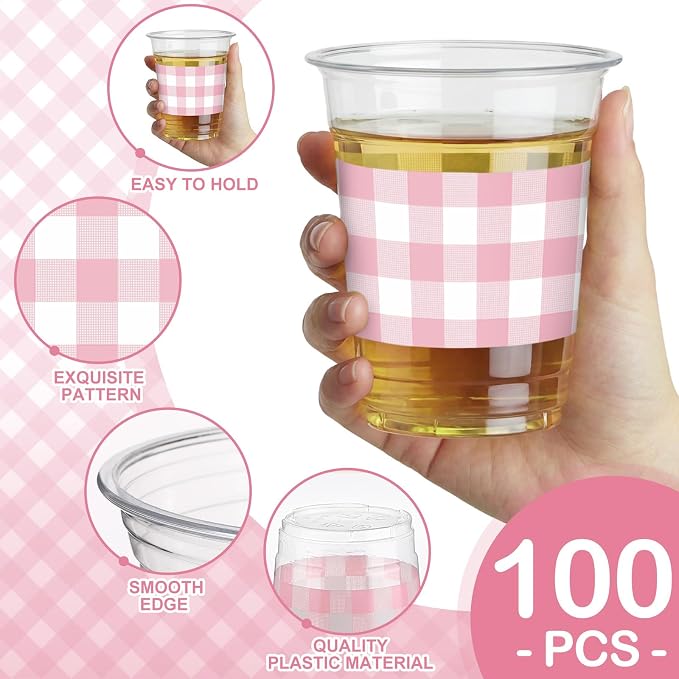 100 Pcs Pink Gingham Plastic Cups 12 oz Pink Checkered Plaid Disposable Plastic Drinking Cups Bulk for Baby Shower Wedding Birthday Christmas Party Decoration Supplies