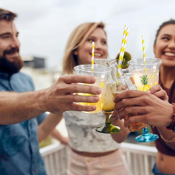 50 Sets Pineapple Plastic Cups with Lids Straws 12 oz Tropical Fruit Disposable Cups Summer Party Favor Drinking Beverage Cup for Baby Shower Birthday Party Supplies